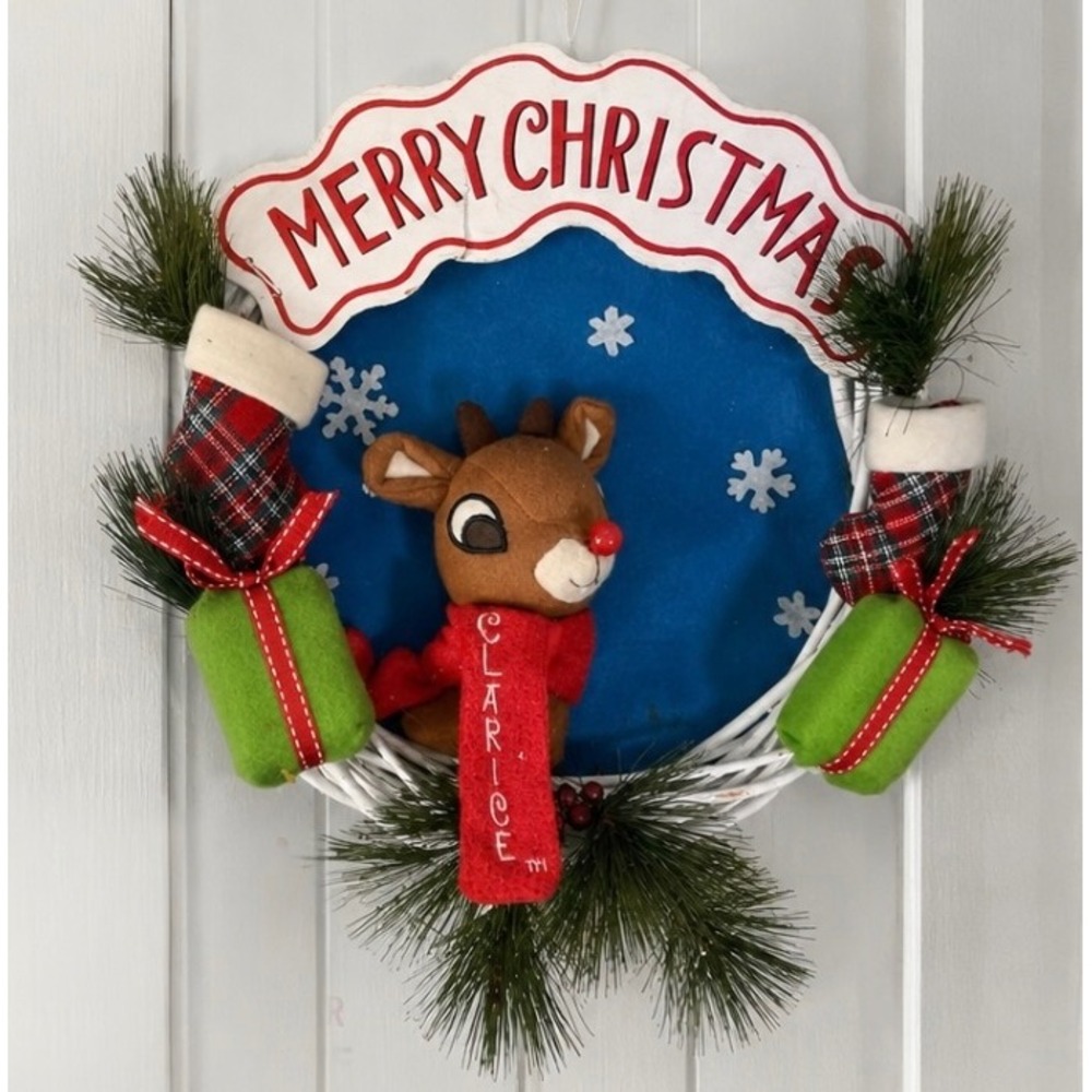 Clarice Christmas Wreath Rudolph Reindeer Plush Merry Christmas Wall Decor